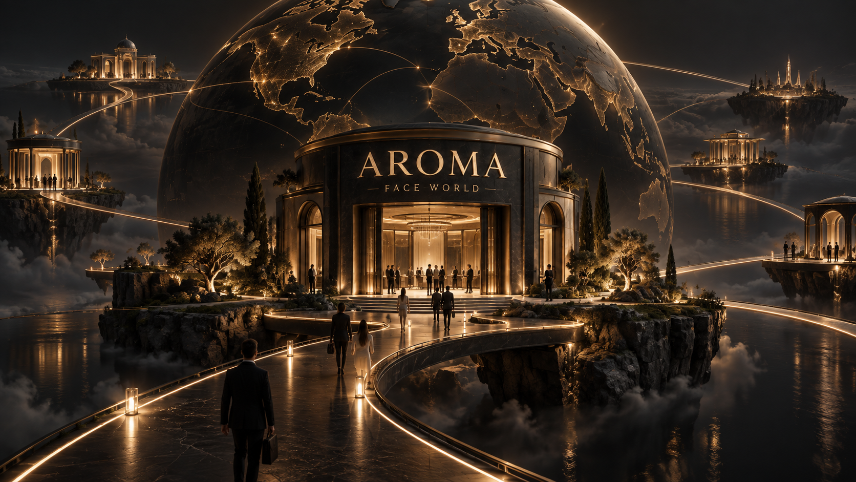 Concept illustration of a black-and-gold AROMA island connected to Face World