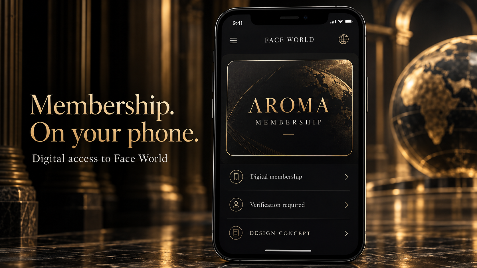 AROMA digital membership concept displayed entirely on a smartphone screen, with no physical card