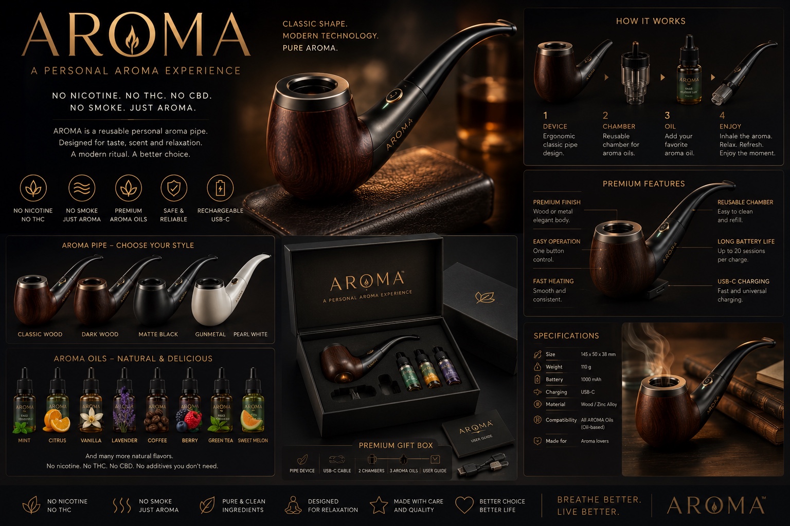 AROMA pipe features and gift box